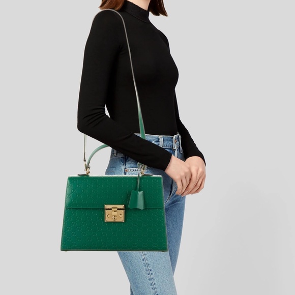 Gucci Handbags - GUCCI Signature Top Handle Medium Green Handbag with Shoulder Strap